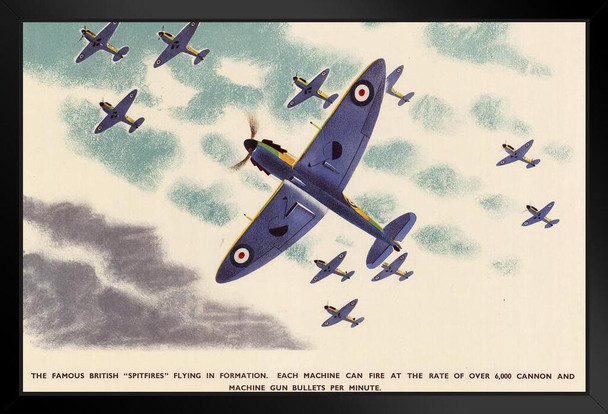 British Spitfires Fighter Planes Flying WPA War Propaganda Black Wood Framed Poster 14x20