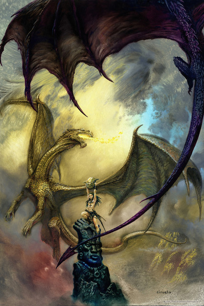 Candea Two Dragons Dragon Warrior Raising Skull Icon by Ciruelo Fantasy Painting Gustavo Cabral Cool Wall Art Print Poster 12x18