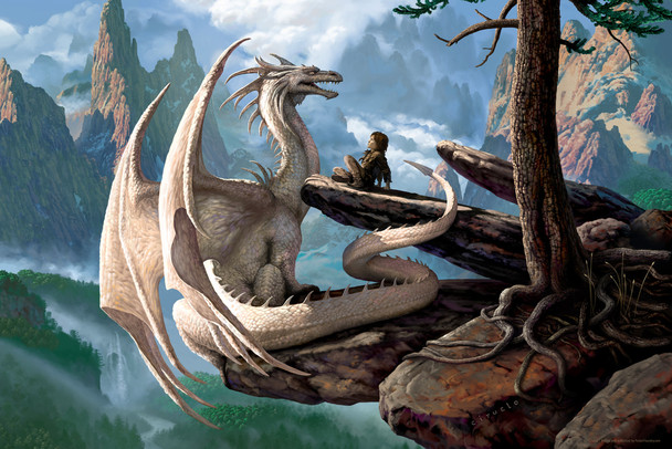 HS Kume White Dragon On Cliff With Boy by Ciruelo Fantasy Painting Gustavo Cabral Cool Wall Art Print Poster 12x18