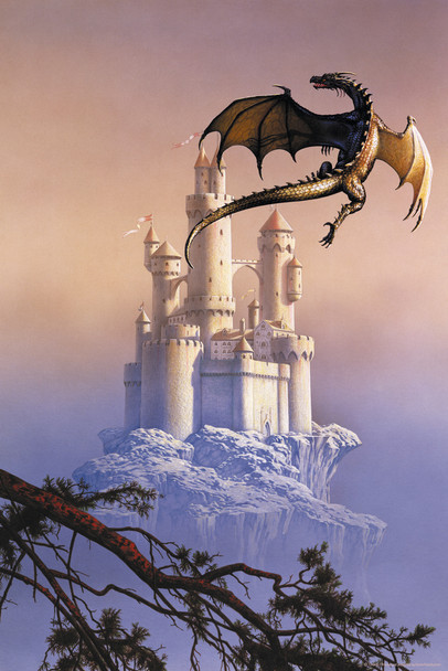 Flying Dragon Over Castle On Mountain Hill by Ciruelo Fantasy Painting Gustavo Cabral Cool Wall Art Print Poster 12x18
