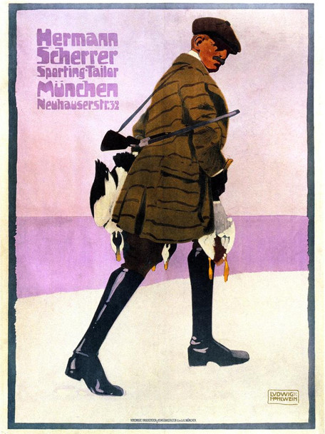 Hermann Scherrer Sporting Tailor Vintage Illustration Travel 1907 German Hunting Hunter Rifle Ducks Hunt Cool Wall Decor Art Print Poster 24x36