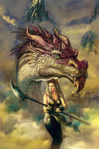 Laminated Gondwr Kiraldea Dragon With Female Warrior Protector by Ciruelo Fantasy Painting Gustavo Cabral Poster Dry Erase Wall Art 12x18