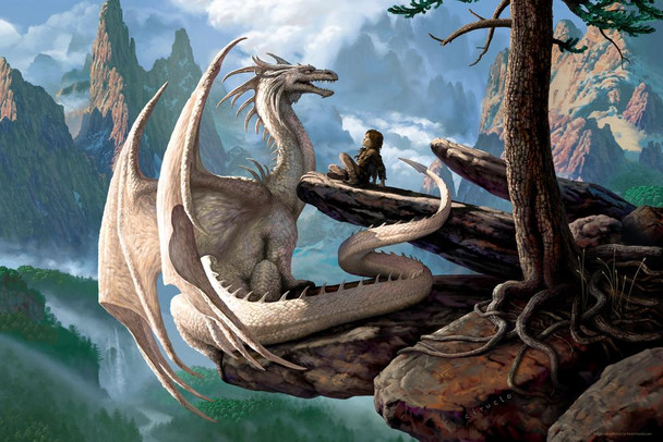 Laminated HS Kume White Dragon On Cliff With Boy by Ciruelo Fantasy Painting Gustavo Cabral Poster Dry Erase Wall Art 12x18