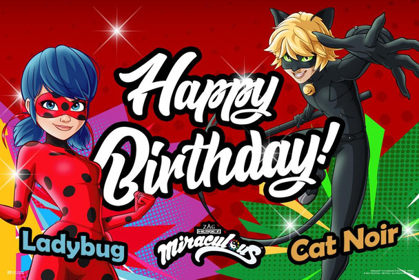 Laminated Miraculous Ladybug Birthday Decorations Party Banner Decor Lady Bug And Cat Noir Backdrop Poster Poster Dry Erase Wall Art 36x24