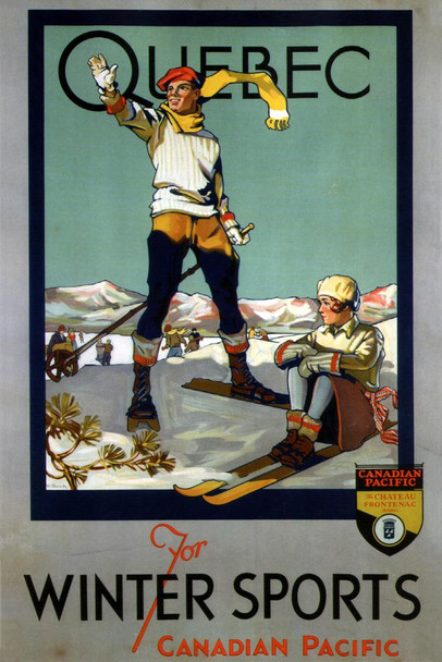 Laminated Canadian Pacific Quebec for Winter Sports Skiing Vintage Travel Mountain Sports Rockies 1900s Ski House Decoration Poster Dry Erase Wall Art 24x36