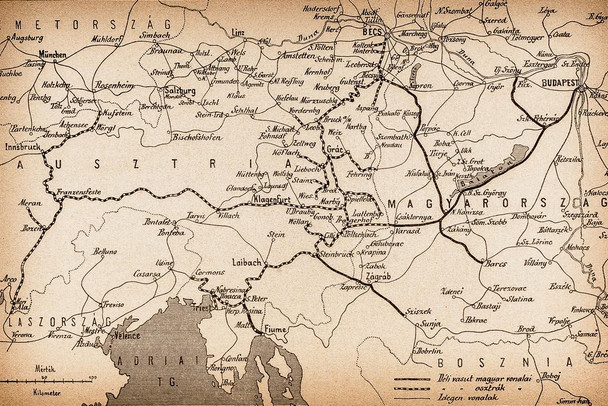 Laminated Antique Railroad Map 1893 Austria Hungary Bosnia Adriatic Sea  Mediterranean Vintage Europe European Train Lines Travel Poster Dry Erase Wall Art 24x36
