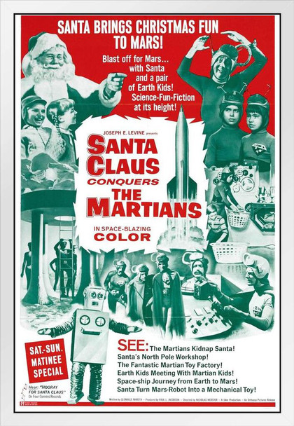 Santa Claus Conquers the Martians Funny Retro Vintage Christmas Movie Poster Science Fiction Merchandise Cult Classic Film Weird Christmas Decorations White Wood Framed Poster 14x20