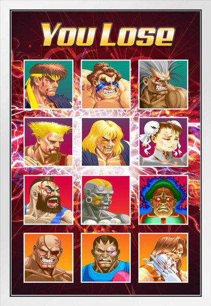 Street Fighter You Lose Defeated Challengers CAPCOM Video Game Merchandise Gamer Classic Fighting White Wood Framed Poster 14x20