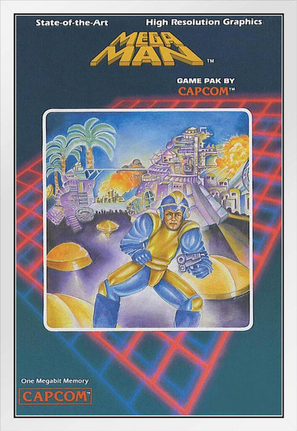 Mega Man NES Cover Box Art Video Game Video Gamer Classic Retro Vintage 80s Gaming MegaMan Capcom Legacy Collection Megaman 11 Mega Man X Dr Wily White Wood Framed Poster 14x20