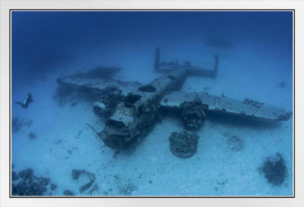 WWII North American B25 Mitchell Underwater Wreck Photo Photograph White Wood Framed Poster 20x14
