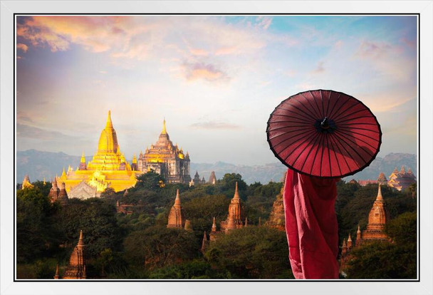 Monk Red Umbrella Temples Bagan Mandalay Myanmar Landscape Photo White Wood Framed Poster 20x14