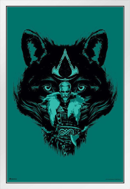 Assassins Creed Valhalla Merchandise Wolf Companion Male Video Game Cover Video Gaming Gamer Collectibles Viking Eivor Varinsdottir White Wood Framed Poster 14x20