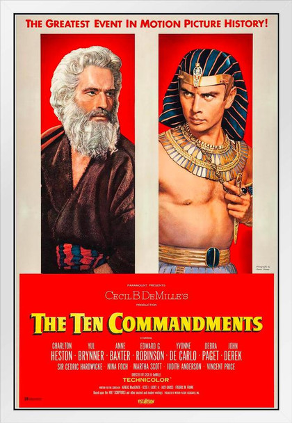 The Ten Commandments Movie Cecil B Demille Charlton Heston Yul Brynner 10 Commandments Classic Hollywood Film Retro Vintage Biblical Religious Christian Moses White Wood Framed Poster 14x20