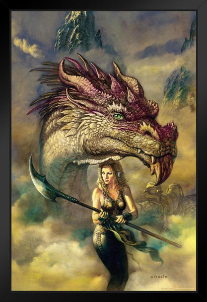 Gondwr Kiraldea Dragon With Female Warrior Protector by Ciruelo Fantasy Painting Gustavo Cabral Stand or Hang Wood Frame Display 9x13