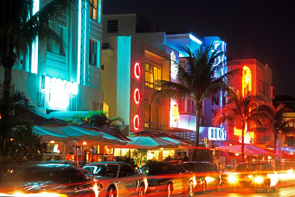Ocean Drive Miami Florida Illuminated at Night City Landscape Photo Photograph Cool Wall Art Print Poster 18x12