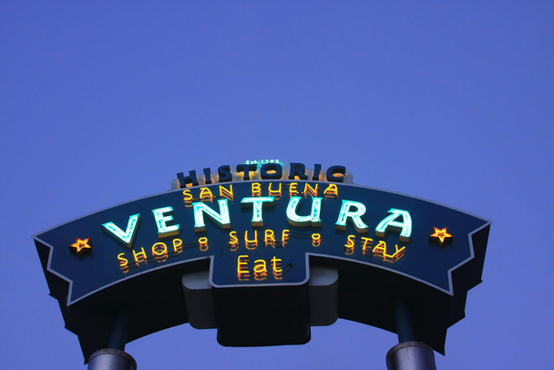 Historic San Buena Ventura California Neon Sign at Night Photo Photograph Cool Wall Decor Art Print Poster 18x12