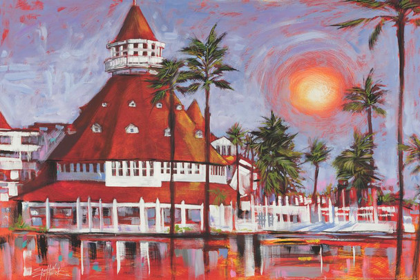 Hotel Del Coronado San Diego Beach Painting Poster by Stephen Fishwick California Pier Artwork Landscape Sunset Cool Wall Art Print Poster 24x36