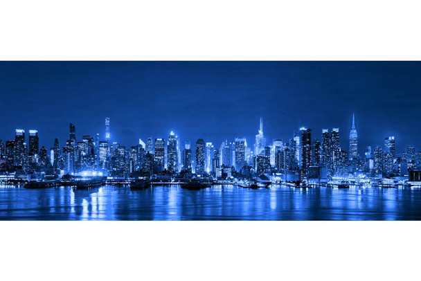 Laminated New York City Skyline At Night Skyscrapers Landscape Panoramic Photo Poster Dry Erase Sign 12x36