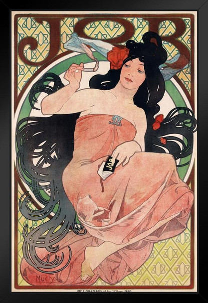 Job Cigarettes 1898 Alphonse Mucha Smoking Painting Poster Art Nouveau Vintage Ad Advertisement Black Wood Framed Art Poster 14x20