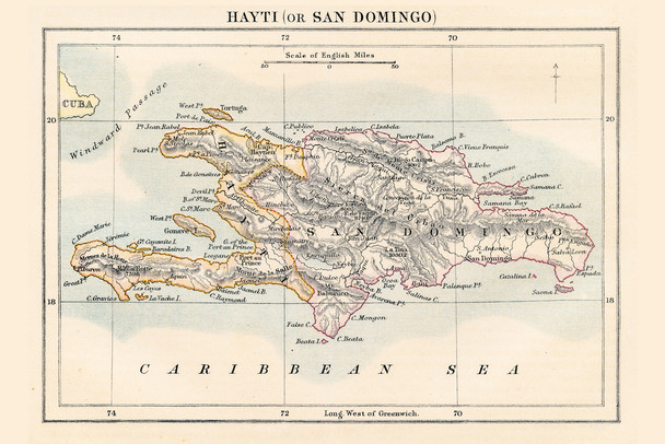 Haiti And Dominican Republic Antique Map Poster 1883 Historical San Domingo Near Cuba Geography Cartography Chart Cool Wall Decor Art Print Poster 18x12