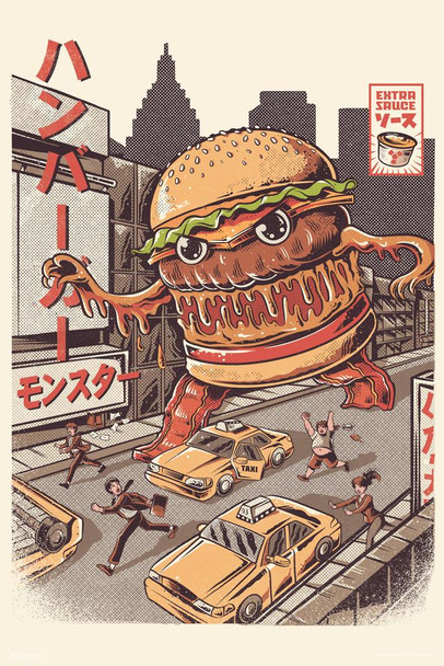 Burgerzilla Kaiju by Illustrata Design Japanese Art Manga Anime Style Funny Stretched Canvas Art Wall Decor 16x24