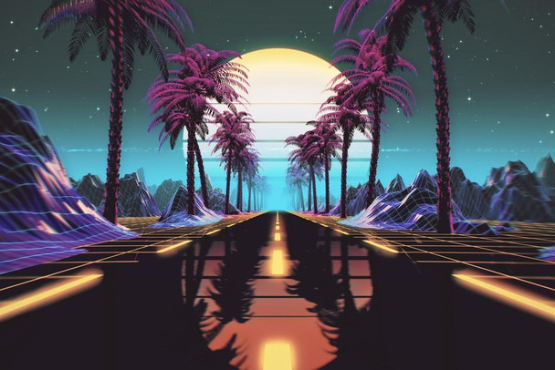 Vaporwave 1980s Retro Scifi Street Palm Trees Poster Futuristic Sci-fi California Style Tropical Fantasy City Landscape Cool Wall Decor Art Print Poster 16x24