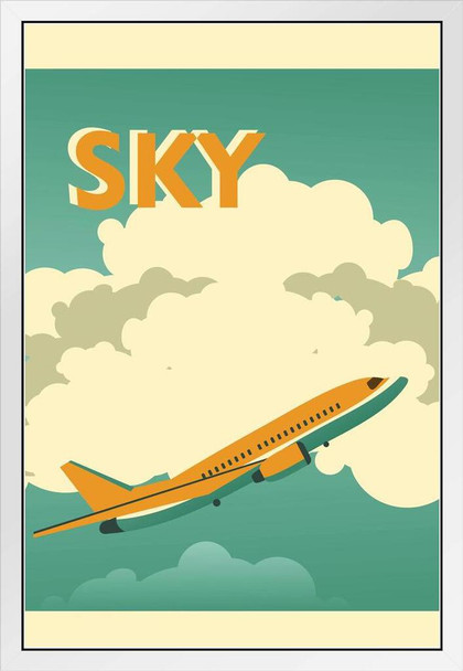 Sky Airplane Flying in Clouds Vintage Travel Tourism Ad White Wood Framed Poster 14x20