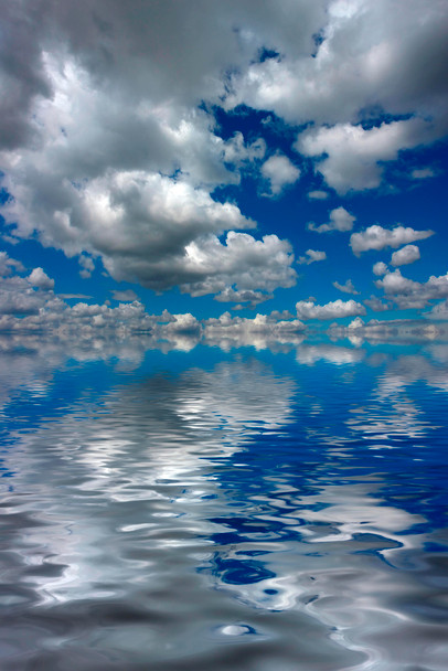 Fluffy Cumulus Clouds Reflecting in Water on Sunny Day Photo Photograph Cool Wall Art Print Poster 12x18