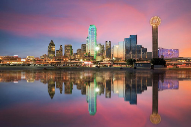 Dallas Texas Skyline Reflected in Trinity River at Sunset Photo Photograph Cool Wall Decor Art Print Poster 24x16