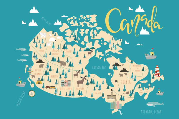 Illustrated Map Of Canadian Provinces Poster Canada Quebec Alberta Kids Picture Educational Classroom Map Cool Wall Decor Art Print Poster 16x24