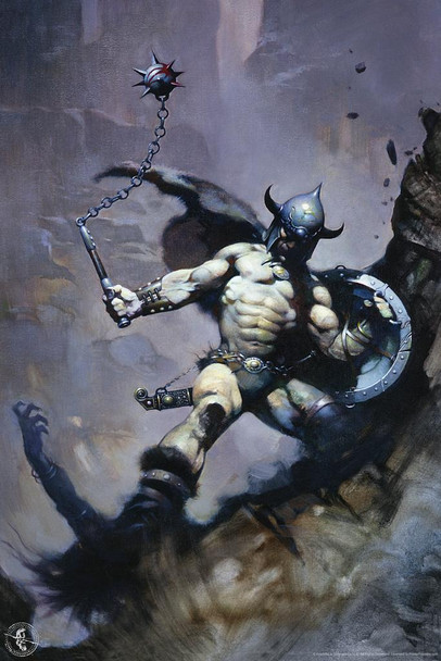 Warrior with Ball and Chain by Frank Frazetta Art Wall Art Gothic Fantasy Decor Frank Frazetta Artwork Scary Art Print Horror Battle Poster Frazetta Illustration Cool Wall Decor Art Print Poster 16x24