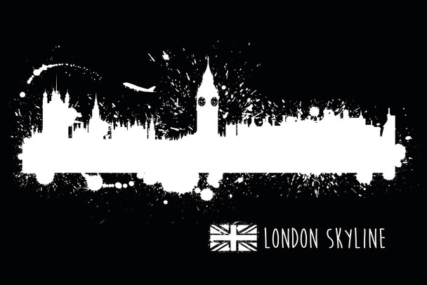 London England Paint Splat Black and White B&W Skyline Cool Wall Decor Art Print Poster 18x12