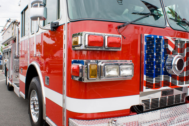 Firetruck Emergency Services Ladder Truck with Patriotic Flag Grill Photo Photograph Cool Wall Decor Art Print Poster 18x12