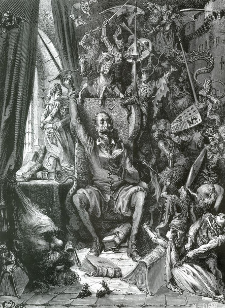 Gustave Dore Don Quixote In His Library French Printmaker Black And White Illustration Cool Wall Decor Art Print Poster 16x24