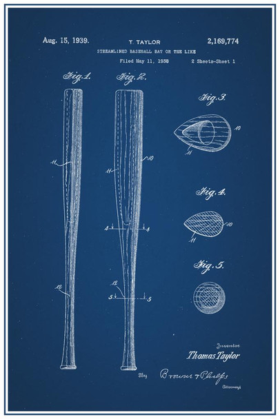 Baseball Bat 1939 Official Patent Blueprint Cool Wall Decor Art Print Poster 16x24