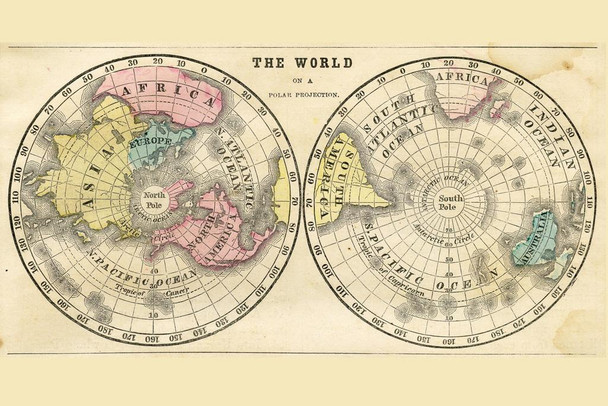 Polar Projection of the World 1856 Antique Style Map Travel World Map with Cities in Detail Map Posters for Wall Map Art Wall Decor Geographical Illustration Cool Wall Decor Art Print Poster 24x16