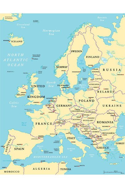 Political Map of Europe Travel World Map with Cities in Detail Map Posters for Wall Map Art Wall Decor Geographical Illustration Tourist Travel Destinations Cool Wall Decor Art Print Poster 12x18