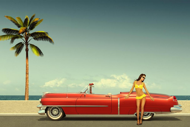 Sexy Young Woman Leaning on Old Fashioned Cadillac Convertible Beach Photo Photograph Cool Wall Decor Art Print Poster 24x16
