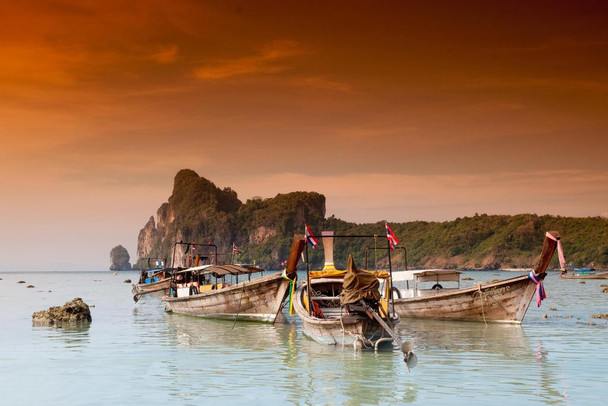 Longboats in the Afternoon Glow in Paradise Ko Phi Phi Don Thailand Photo Photograph Cool Wall Decor Art Print Poster 24x16