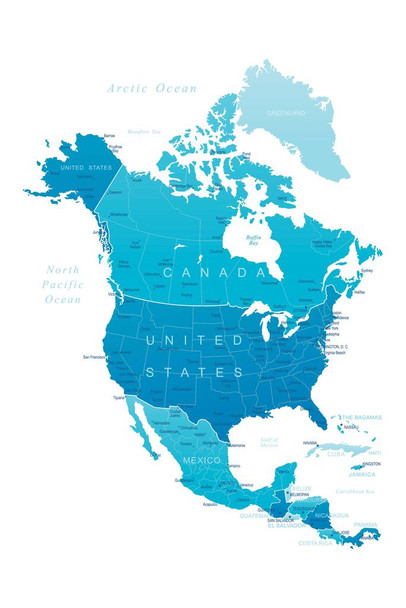 Detailed Map of North America United States Canada Mexico Reference Cool Wall Art Print Poster 16x24