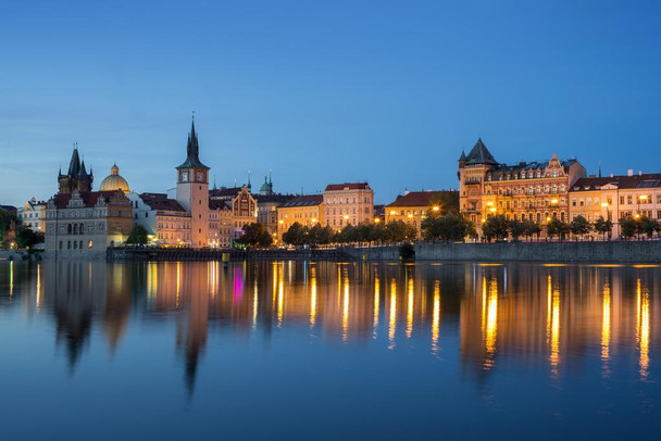 Prague Old Buildings Water Reflection At Night Skyline Photo Cool Wall Decor Art Print Poster 24x16