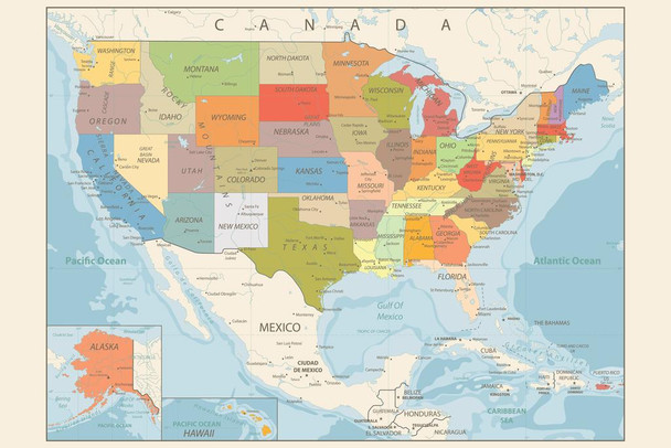 Retro Color Political Map of United States USA Photo Photograph Cool Wall Art Print Poster 24x16