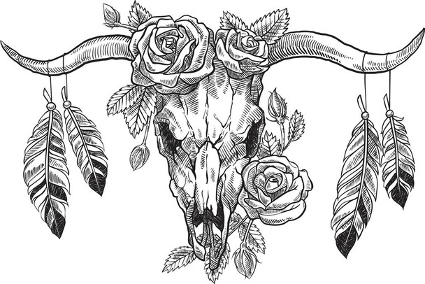 Bull Skull With Roses and Feathers Bull Pictures Wall Decor Longhorn Picture Longhorn Wall Decor Bull Picture of a Cow Skull Picture Bull Horns for Wall Cool Wall Decor Art Print Poster 16x24