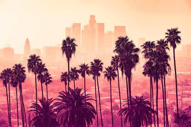 Los Angeles California Downtown Buildings Skyline Orange Red Pink Color Hues Tropical Palm Trees Artistic Photo Cool Wall Decor Art Print Poster 24x16
