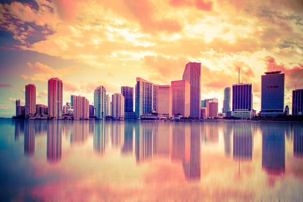 Miami Florida Biscayne Bay City Skyline Reflecting Water Photo Cool Wall Decor Art Print Poster 24x16