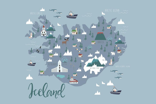 Map of Iceland Travel World Map with Cities in Detail Map Posters for Wall Map Art Wall Decor Geographical Illustration Tourist Landmark Travel Destinations Cool Wall Decor Art Print Poster 16x24