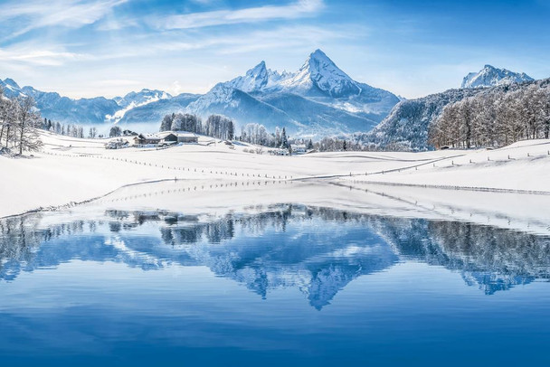 Winter Wonderland Alps Reflecting in Mountain Lake Photo Photograph Cool Wall Decor Art Print Poster 24x16