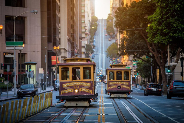 San Francisco Cable Cars on Street at Sunrise Photo Photograph Cool Wall Decor Art Print Poster 24x16