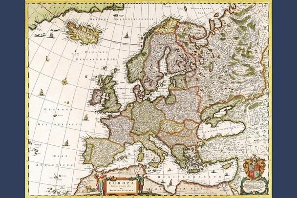 Antique World Map of Europe Latin Text Europa by Nicolaum Visscher Mediterranean Ocean Cool Wall Decor Art Print Poster 16x24