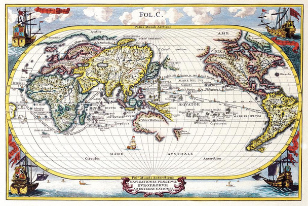 Ancient Latin Navigational World Map Navigationes Europaerum European Trade Shipping Routes Old Cartographic Cool Wall Art Print Poster 16x24